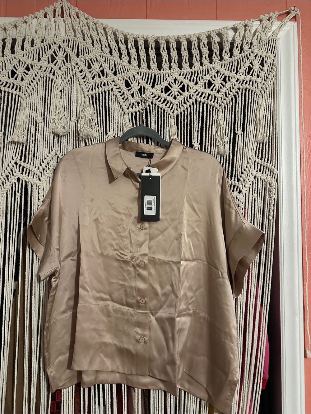 Taupe Satin Short Sleeve Button-Down Shirt by VILA